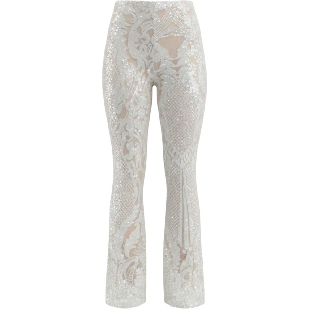 D&M Flare Pants Sz M White Sequin Mesh Hippie Bell Bottom Festival Disco Glam